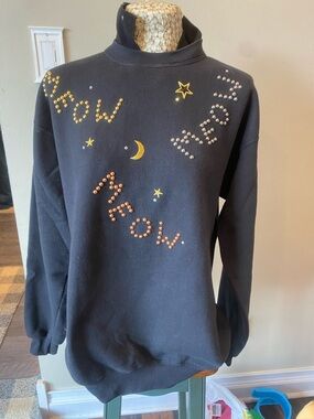 Vintage 90s Black Embellished 'Meow' & Stars Pullover Sweatshirt